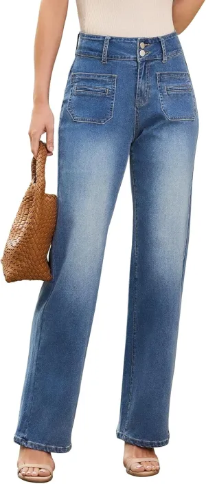 Womens Wide Leg Jeans High Waisted Tummy Control,Stretchy Straight Leg Jeans for Women Trendy 2025 with 4 Patch Pockets