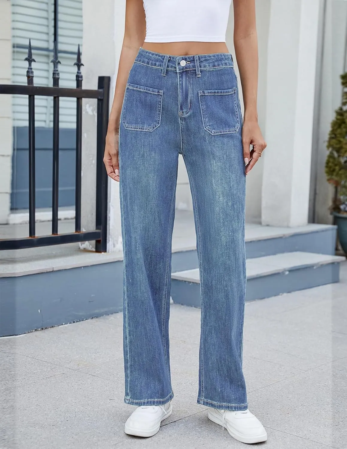 Womens Wide Leg Jeans Trendy High Waisted Straight Leg Jeans Stretchy Baggy Denim Pants