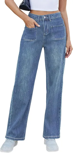 Womens Wide Leg Jeans Trendy High Waisted Straight Leg Jeans Stretchy Baggy Denim Pants