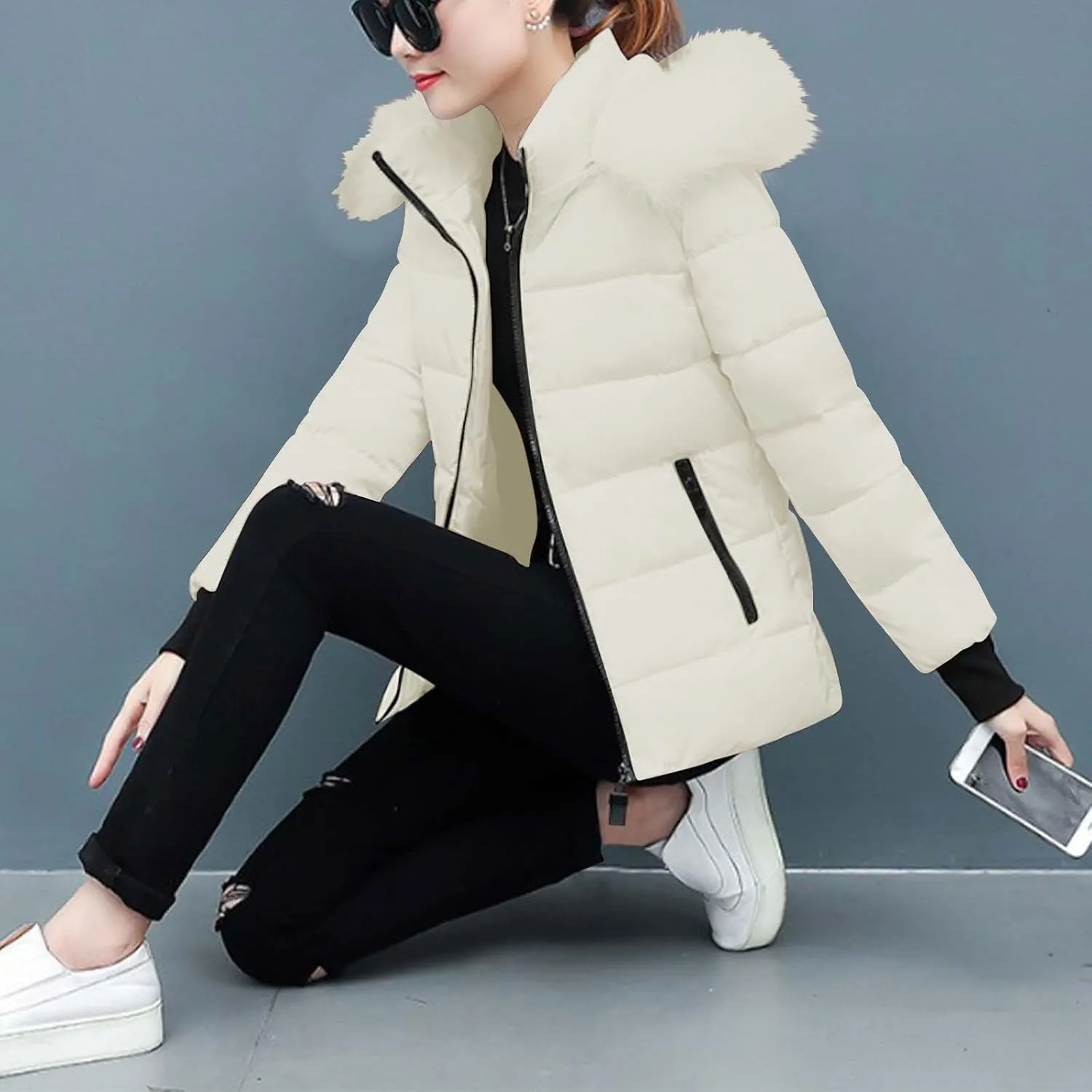 Women's Winter Thicken Puffer Coat Warm Quilted down Jackets Faux Fur Trim Detachable Hooded Solid Soft Parka Outwear