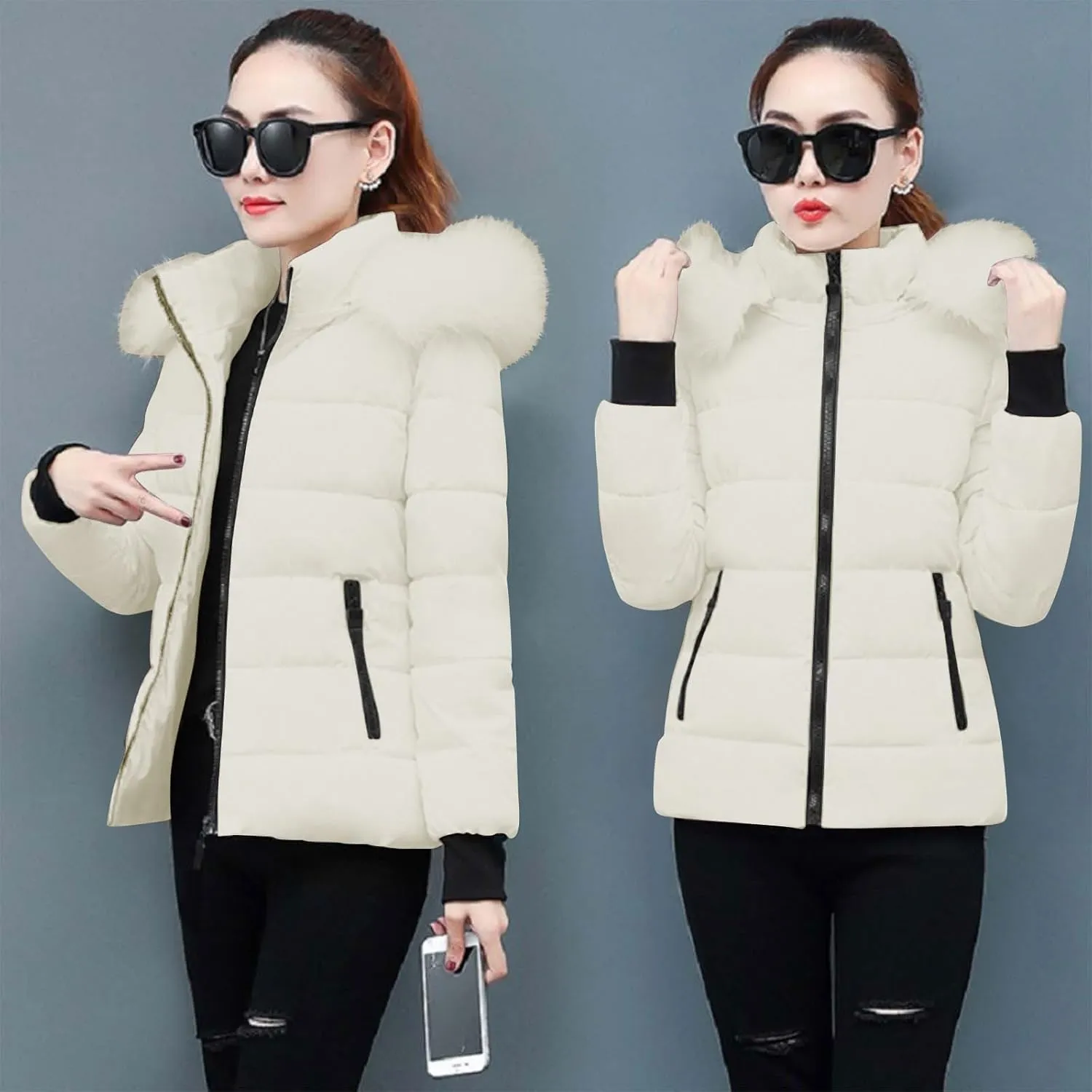 Women's Winter Thicken Puffer Coat Warm Quilted down Jackets Faux Fur Trim Detachable Hooded Solid Soft Parka Outwear