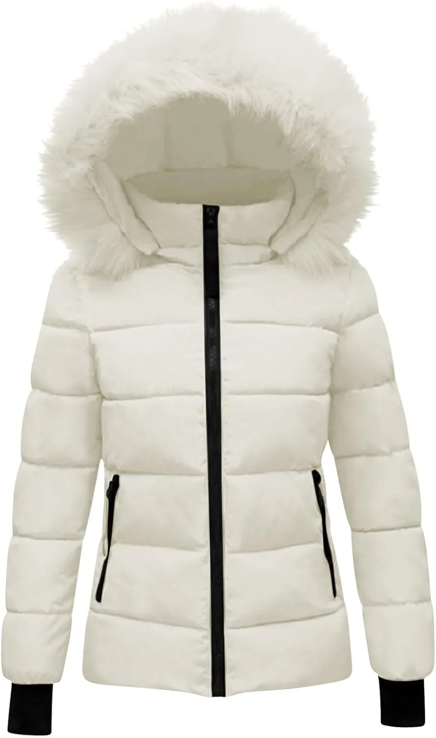 Women's Winter Thicken Puffer Coat Warm Quilted down Jackets Faux Fur Trim Detachable Hooded Solid Soft Parka Outwear