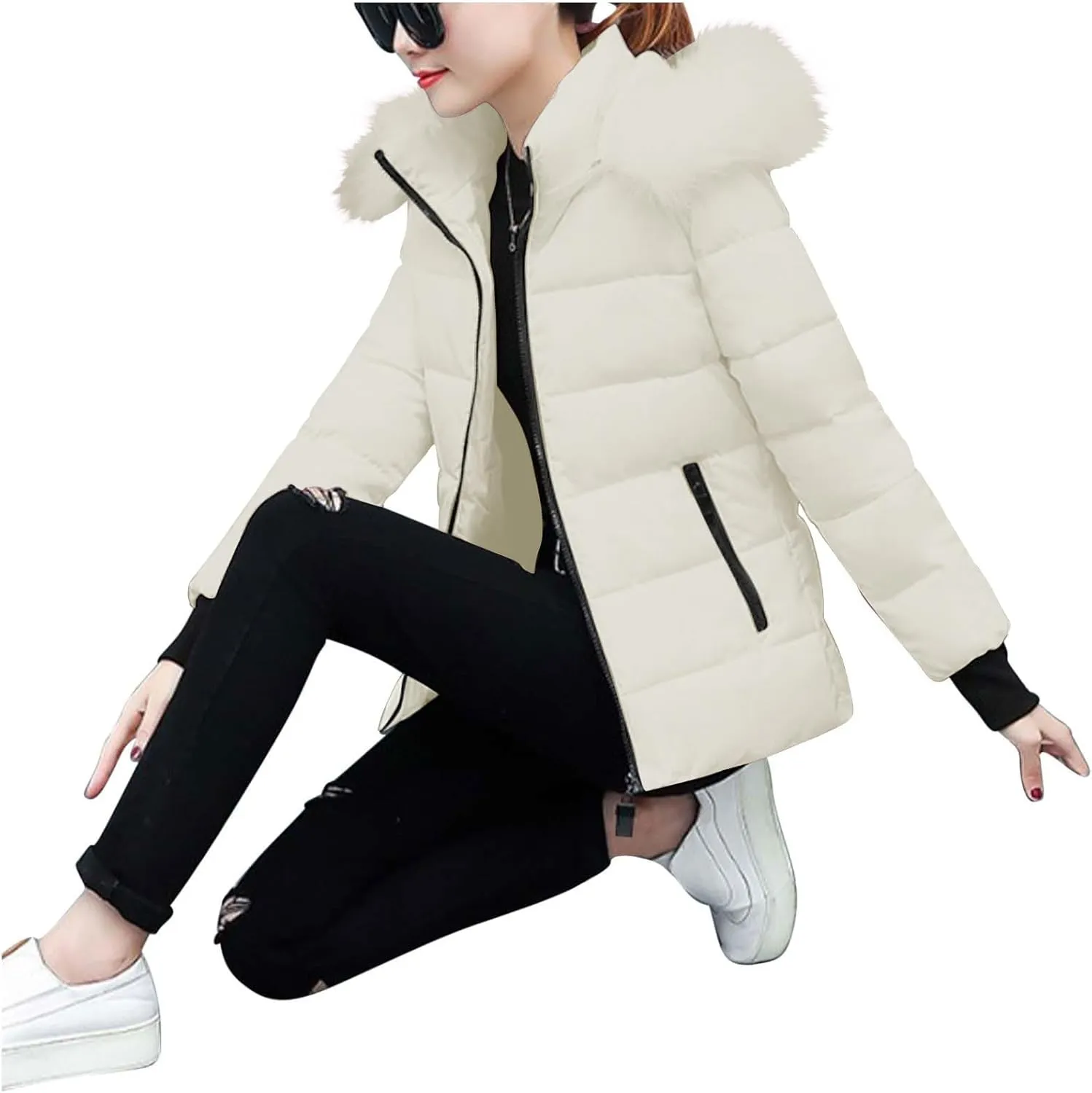Women's Winter Thicken Puffer Coat Warm Quilted down Jackets Faux Fur Trim Detachable Hooded Solid Soft Parka Outwear