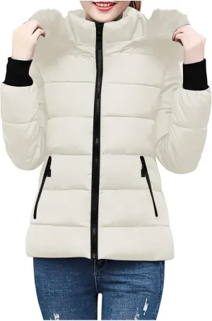 Women's Winter Thicken Puffer Coat Warm Quilted down Jackets Faux Fur Trim Detachable Hooded Solid Soft Parka Outwear