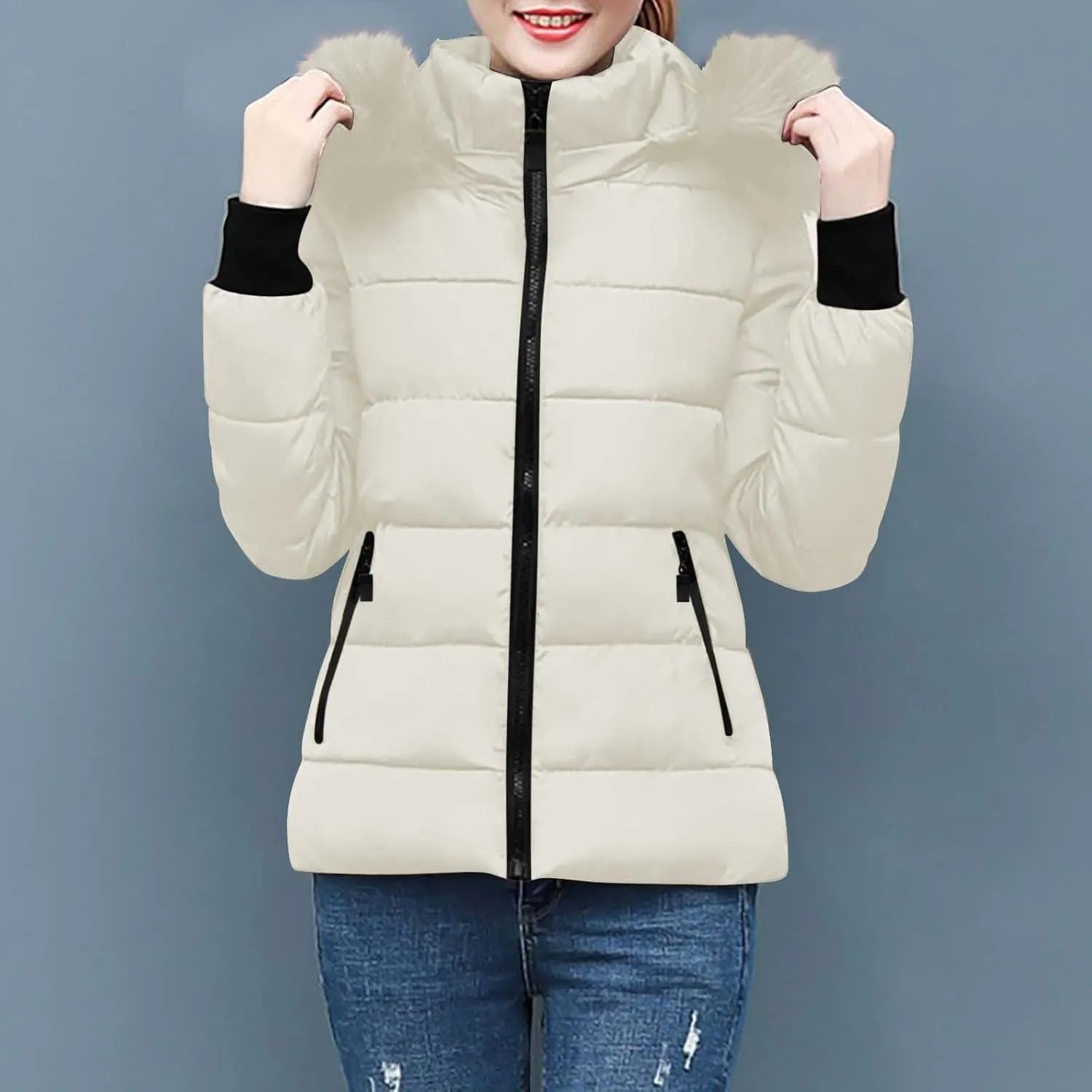 Women's Winter Thicken Puffer Coat Warm Quilted down Jackets Faux Fur Trim Detachable Hooded Solid Soft Parka Outwear