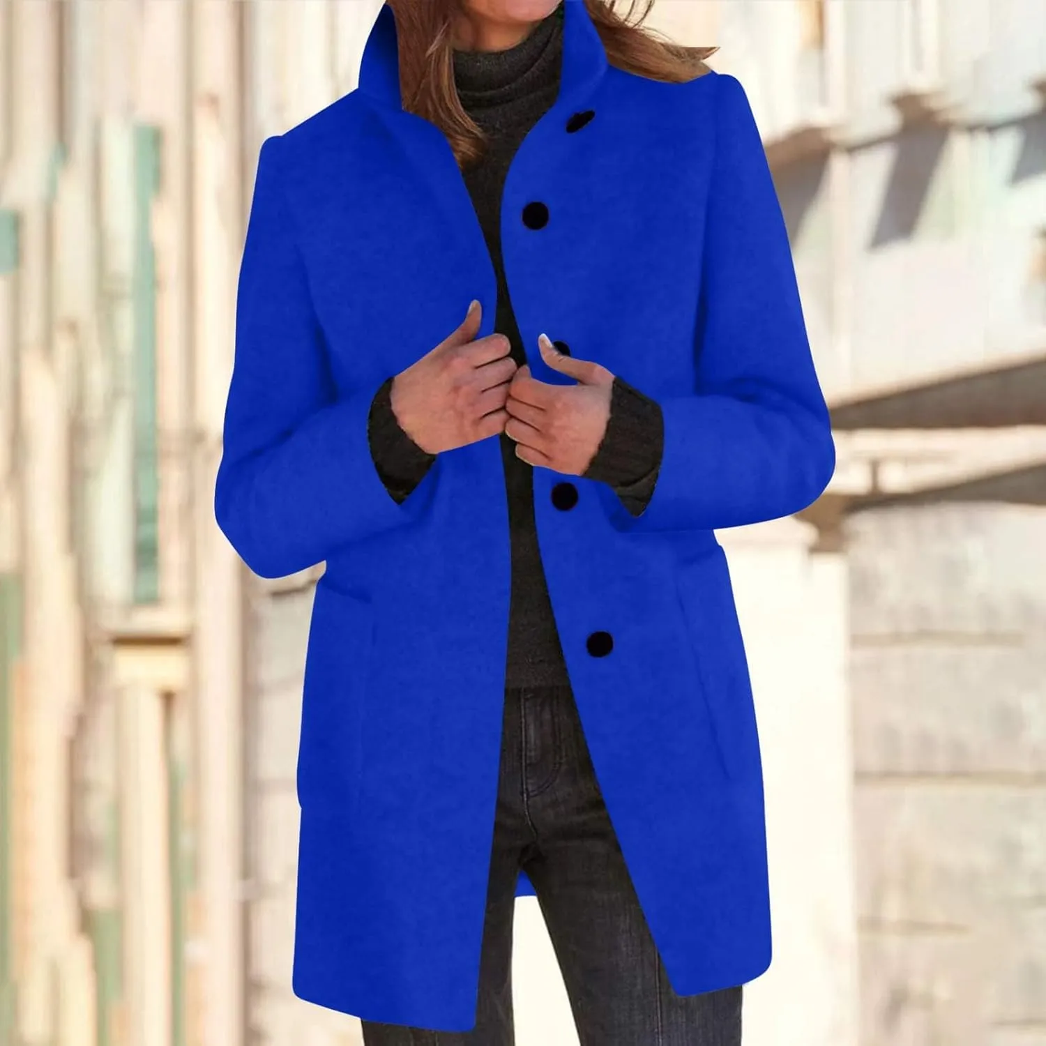 Women's Winter Wool Blend Pea Coat Single Breasted Stand Collar Trench Coat Casual Slim Fit Jacket Overcoat