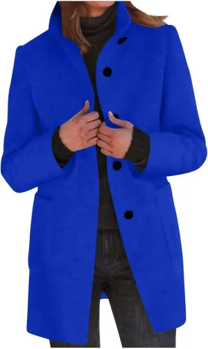 Women's Winter Wool Blend Pea Coat Single Breasted Stand Collar Trench Coat Casual Slim Fit Jacket Overcoat
