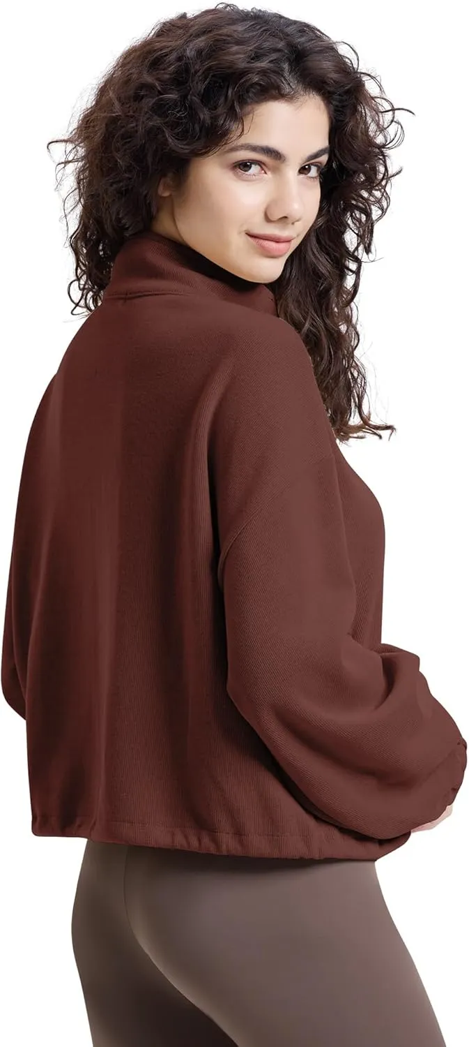WULFUL Women’s Full Zip Cropped Sweatshirt Long Sleeve Stand Collar Casual Jacket Short