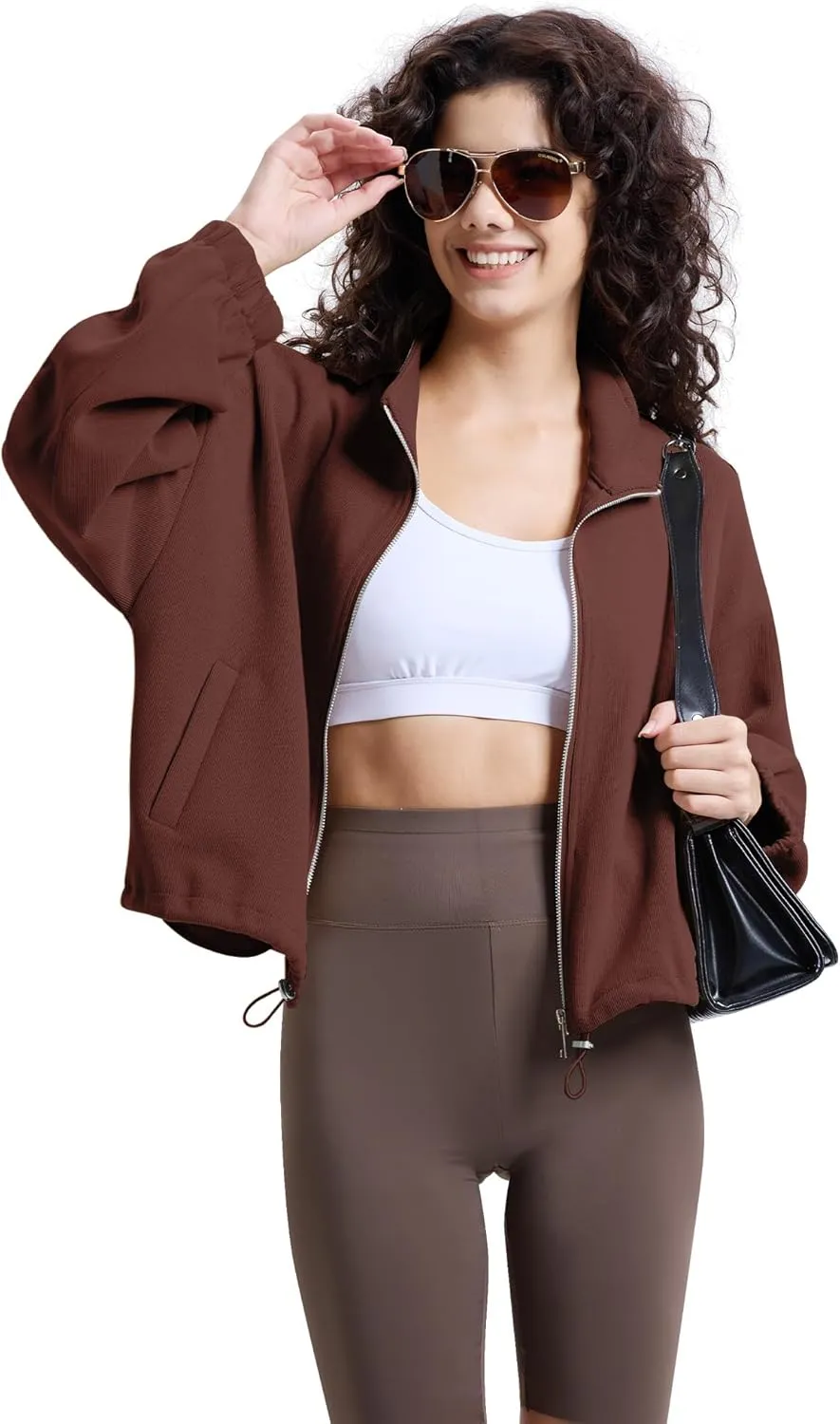WULFUL Women’s Full Zip Cropped Sweatshirt Long Sleeve Stand Collar Casual Jacket Short