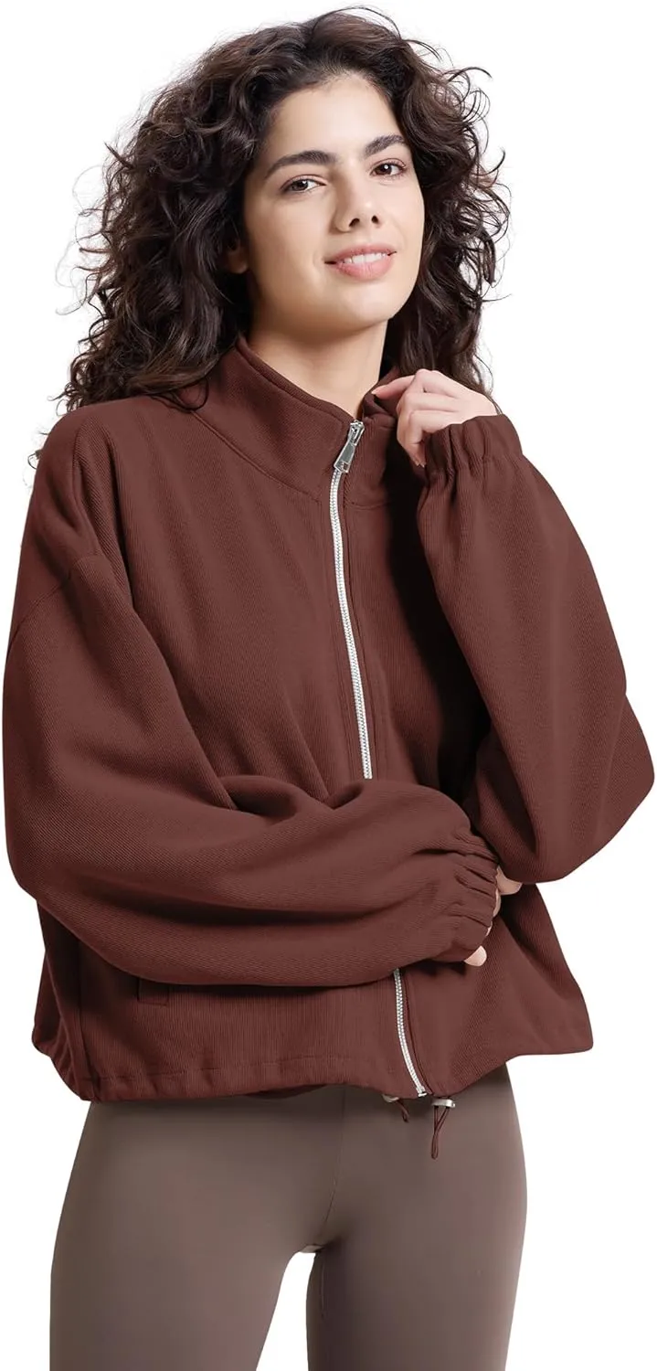 WULFUL Women’s Full Zip Cropped Sweatshirt Long Sleeve Stand Collar Casual Jacket Short