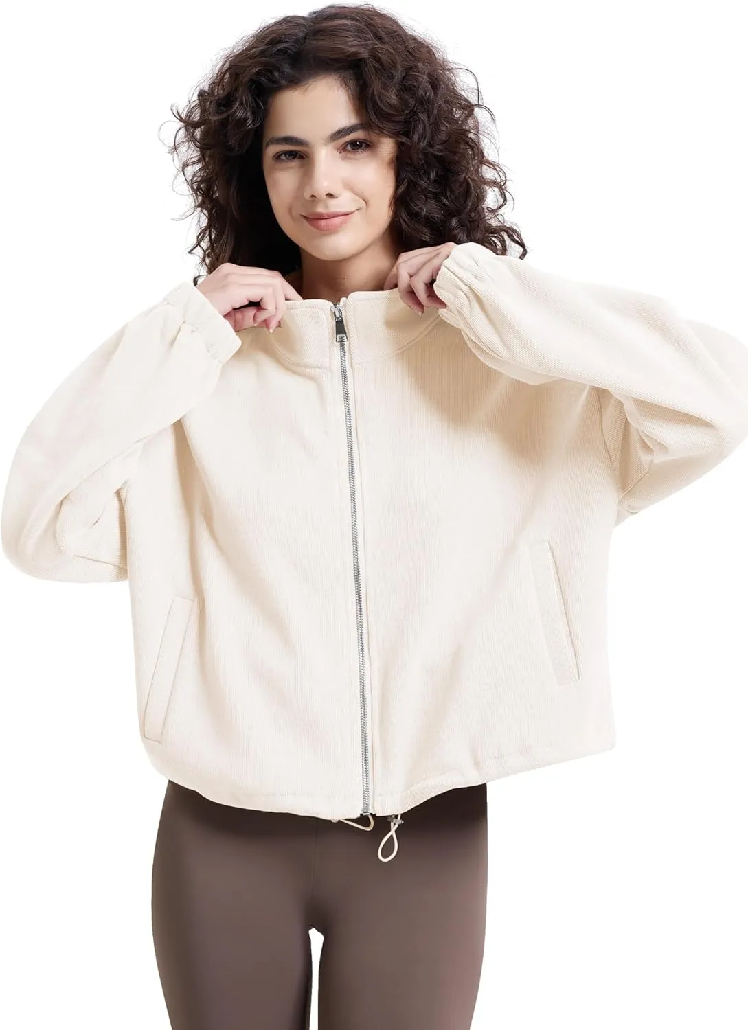 WULFUL Women’s Full Zip Cropped Sweatshirt Long Sleeve Stand Collar Casual Jacket Short