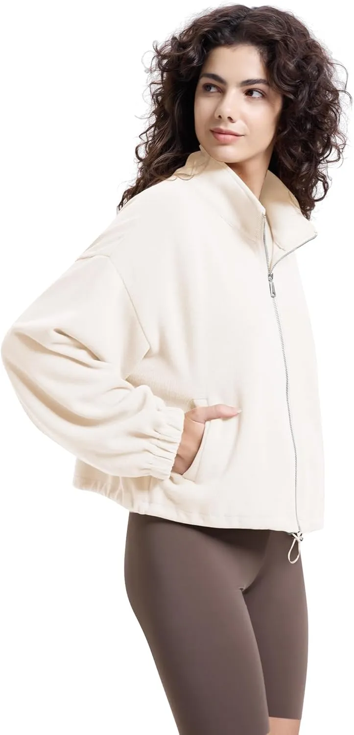 WULFUL Women’s Full Zip Cropped Sweatshirt Long Sleeve Stand Collar Casual Jacket Short
