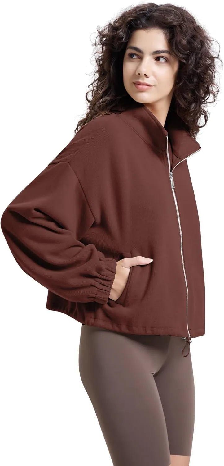 WULFUL Women’s Full Zip Cropped Sweatshirt Long Sleeve Stand Collar Casual Jacket Short
