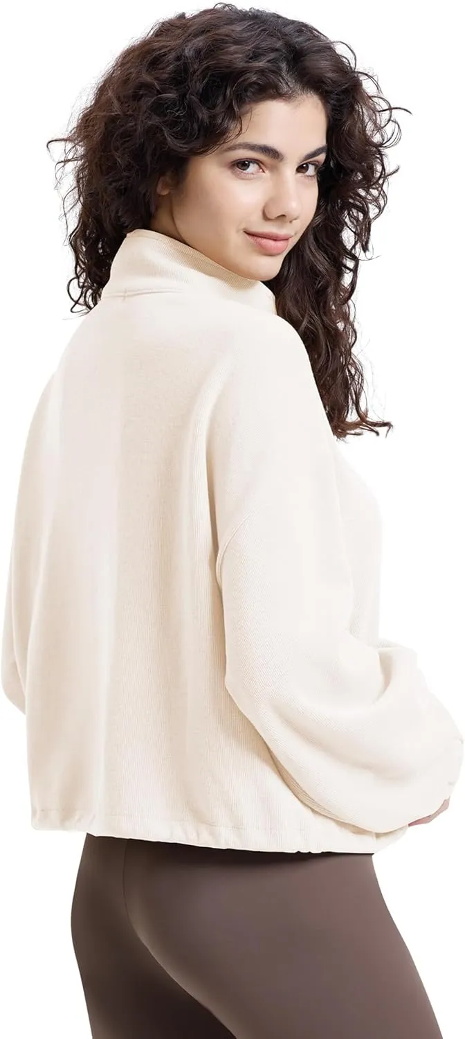 WULFUL Women’s Full Zip Cropped Sweatshirt Long Sleeve Stand Collar Casual Jacket Short
