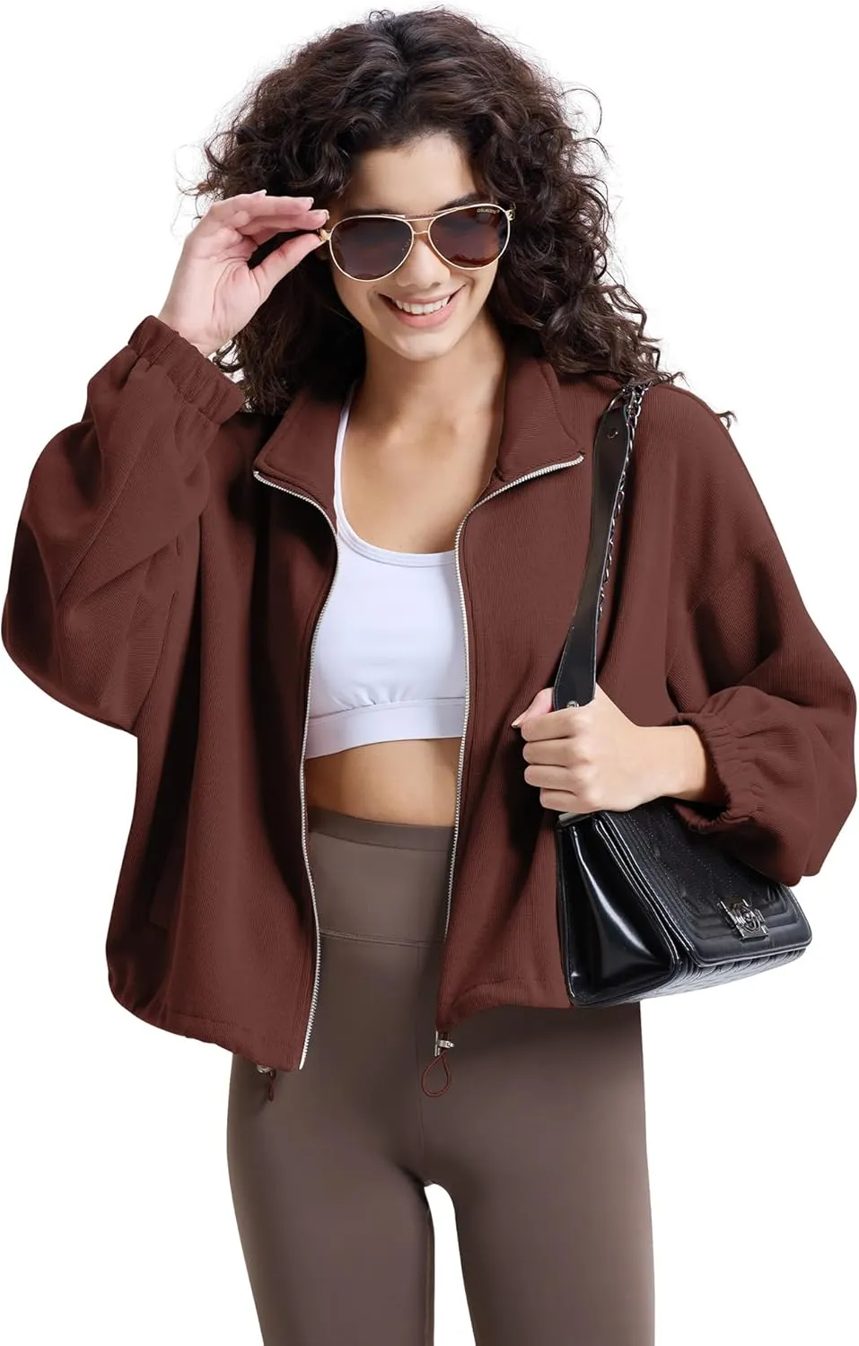 WULFUL Women’s Full Zip Cropped Sweatshirt Long Sleeve Stand Collar Casual Jacket Short