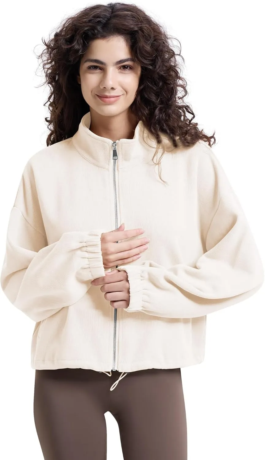 WULFUL Women’s Full Zip Cropped Sweatshirt Long Sleeve Stand Collar Casual Jacket Short