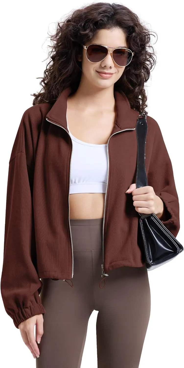 WULFUL Women’s Full Zip Cropped Sweatshirt Long Sleeve Stand Collar Casual Jacket Short