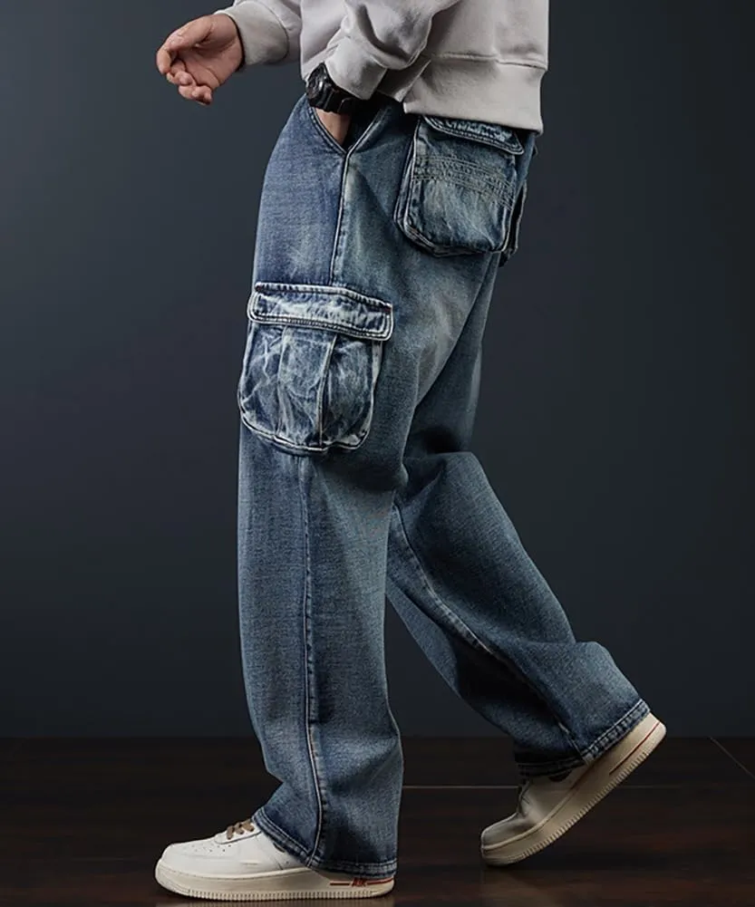 XYGJZ Mens Loose Fit Multi-Pockets Cargo Denim Pants Hiphop Skater Skateboard Jeans