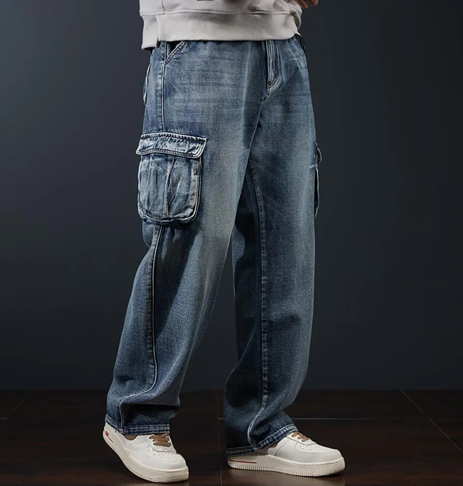 XYGJZ Mens Loose Fit Multi-Pockets Cargo Denim Pants Hiphop Skater Skateboard Jeans