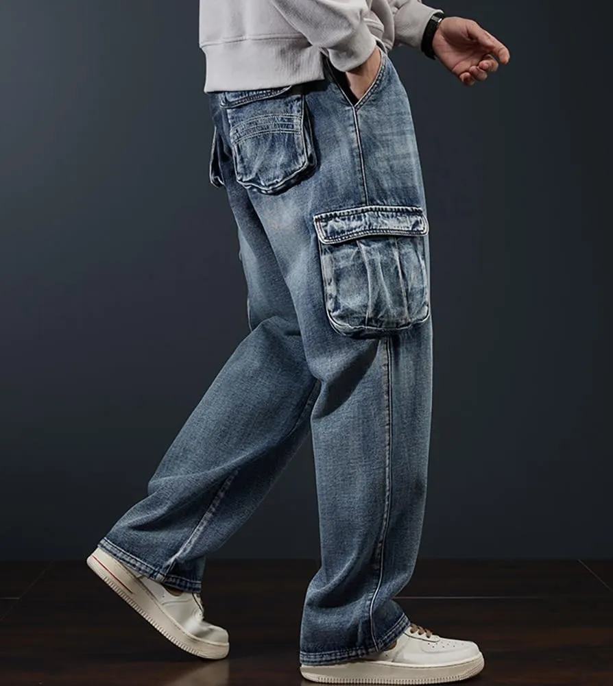 XYGJZ Mens Loose Fit Multi-Pockets Cargo Denim Pants Hiphop Skater Skateboard Jeans