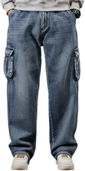 XYGJZ Mens Loose Fit Multi-Pockets Cargo Denim Pants Hiphop Skater Skateboard Jeans
