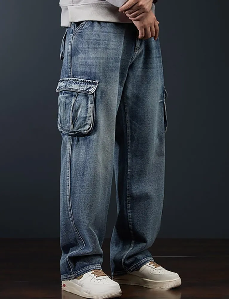 XYGJZ Mens Loose Fit Multi-Pockets Cargo Denim Pants Hiphop Skater Skateboard Jeans